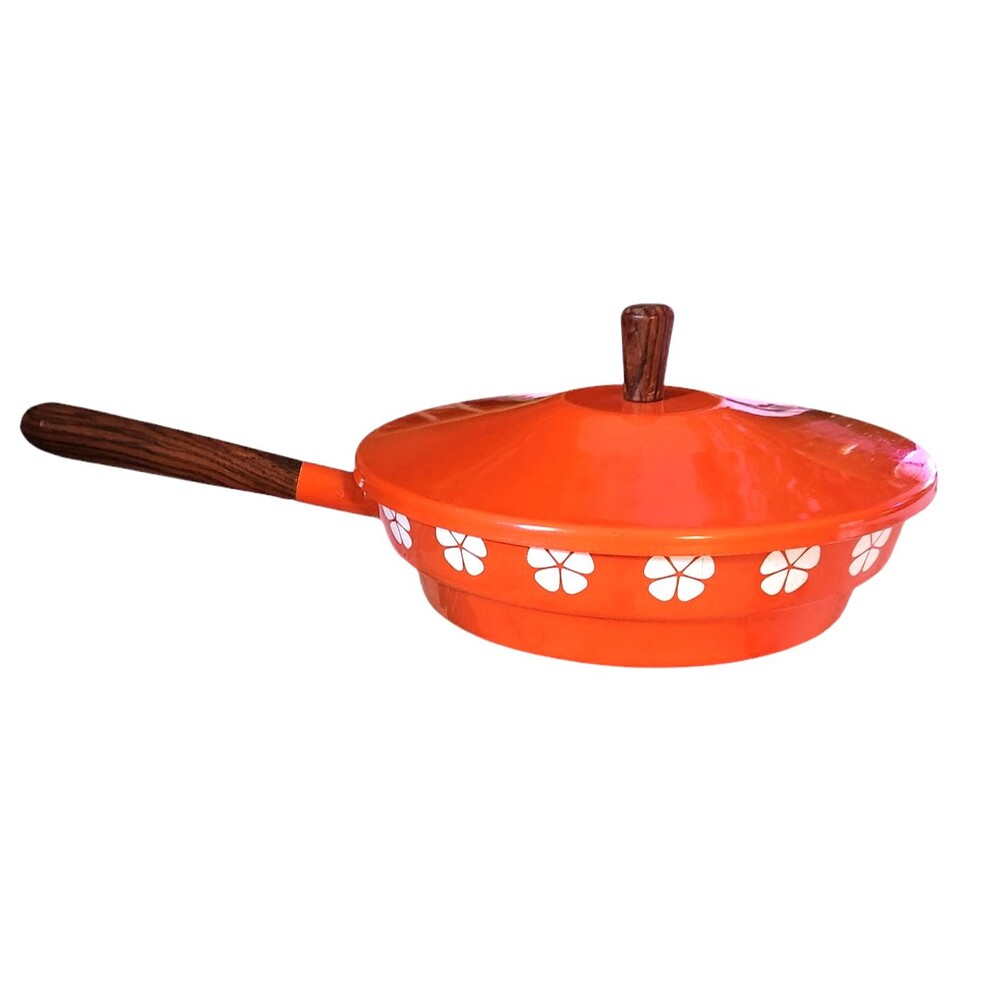 Vintage Enamel Pan and Lid Orange w/ White Flowers Wood Handles Made in Japan